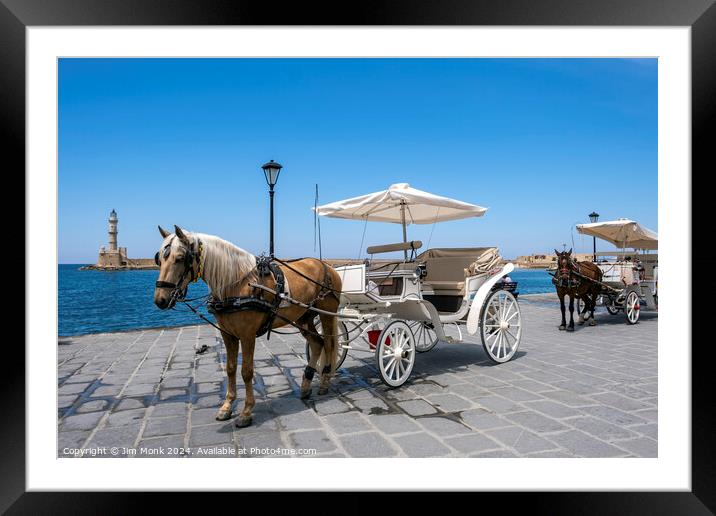 Chania horses and carriages, Crete Framed Mounted Print by Jim Monk