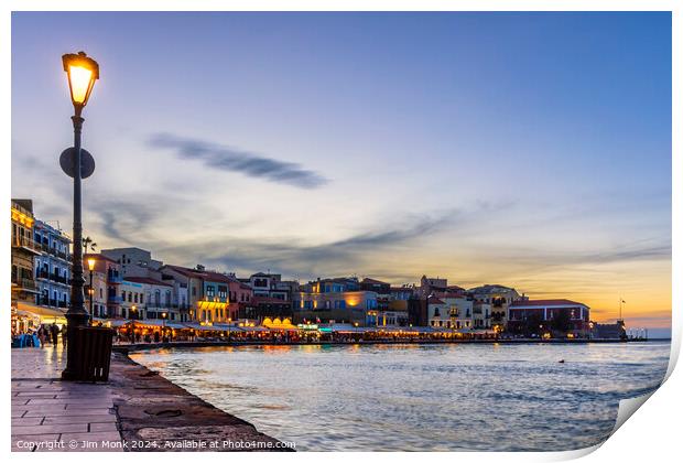 Sunset at the old venetian harbour of Chania Print by Jim Monk