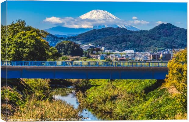 Colorful Autumn Small Bridge Mount Fuji Hiratsuka Kanagawa Japan Canvas Print by William Perry