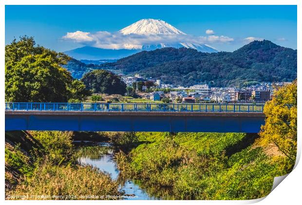 Colorful Autumn Small Bridge Mount Fuji Hiratsuka Kanagawa Japan Print by William Perry