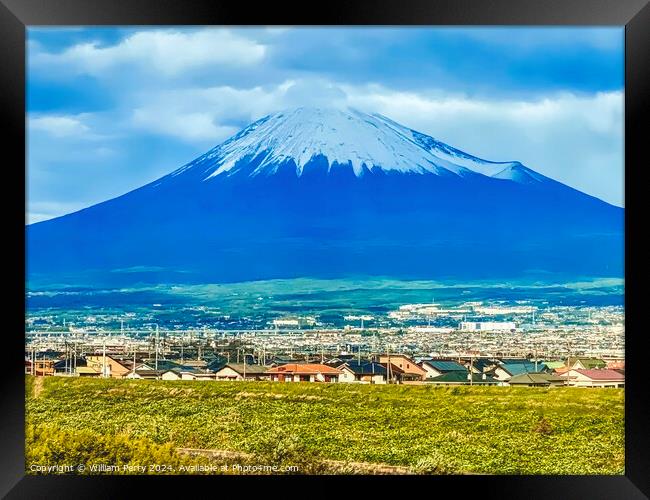 Colorful Mount Fuji Buildings From Bullet Train Kanagawa Japan  Framed Print by William Perry