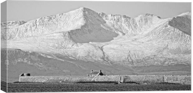 Saltcoats harbour wall and mountains on Arran Canvas Print by Allan Durward Photography