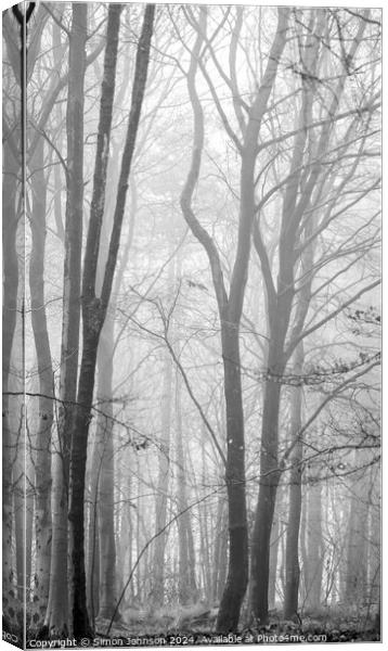 Snowshill woods in mist Canvas Print by Simon Johnson
