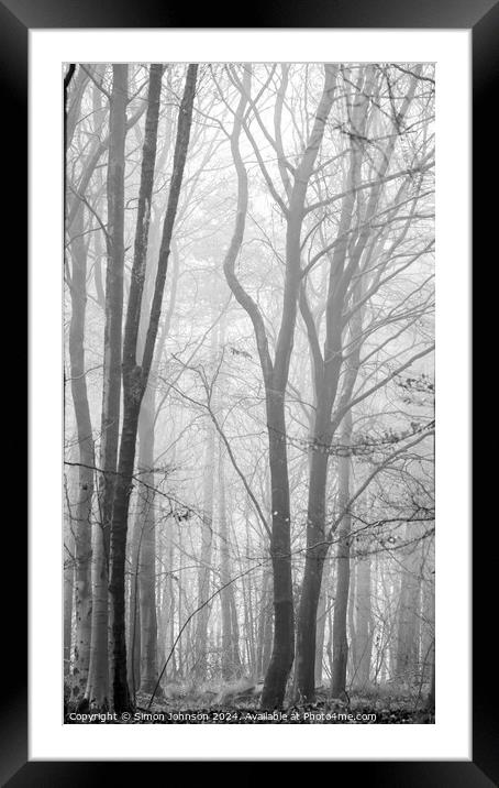 Snowshill woods in mist Framed Mounted Print by Simon Johnson