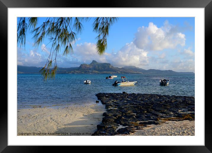 Preskil Island Beach near Mahebourg, Mauritius with Boats Framed Mounted Print by Dietmar Rauscher