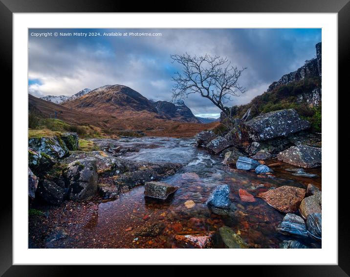 A view of the a burn and lone tree Glen Coe Scotla Framed Mounted Print by Navin Mistry