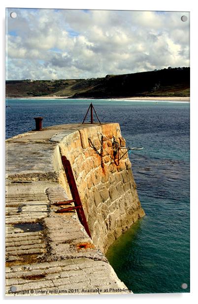 Sennen Cove harbour wall Acrylic by Linsey Williams