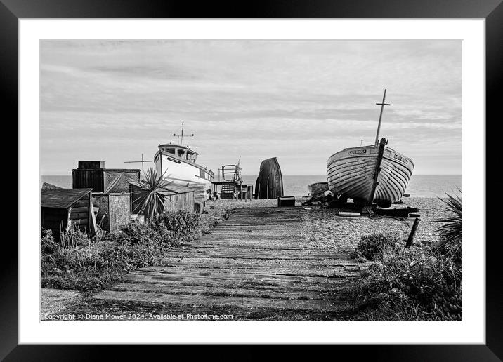 Deal Beach Fishing Boats Monochrome Framed Mounted Print by Diana Mower