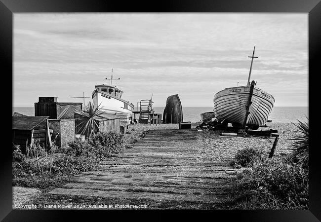 Deal Beach Fishing Boats Monochrome Framed Print by Diana Mower