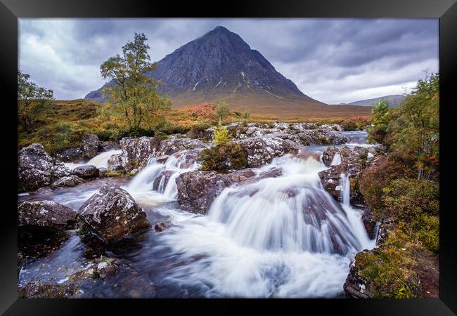 River Coupall Waterfall and Buachaille Etive Mor Framed Print by John Frid