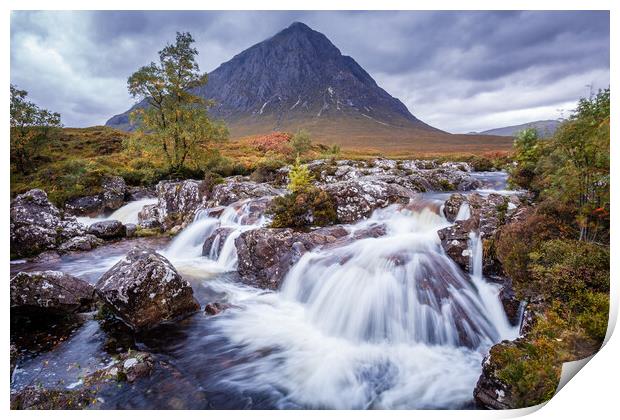River Coupall Waterfall and Buachaille Etive Mor Print by John Frid