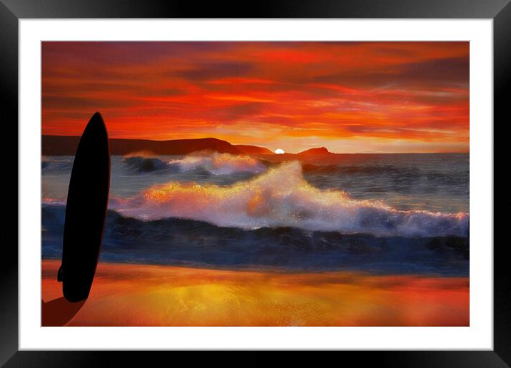 Fistral Beach Sunset Surf Framed Mounted Print by Alison Chambers
