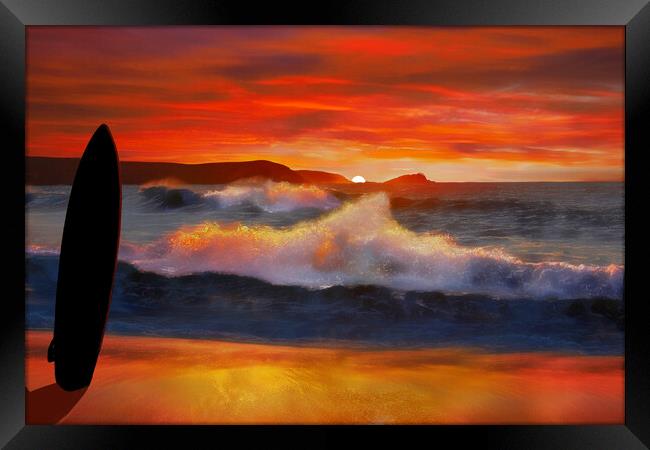 Fistral Beach Sunset Surf Framed Print by Alison Chambers