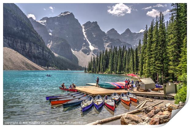 Morraine Lake Kayaks Print by Rob Hawkins