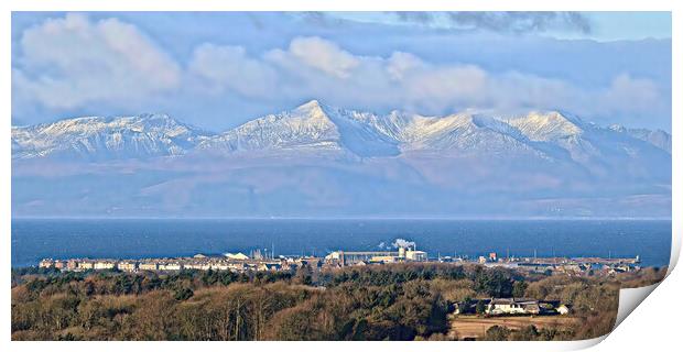 Troon and Arran, Arran`s mountains snow capped Print by Allan Durward Photography