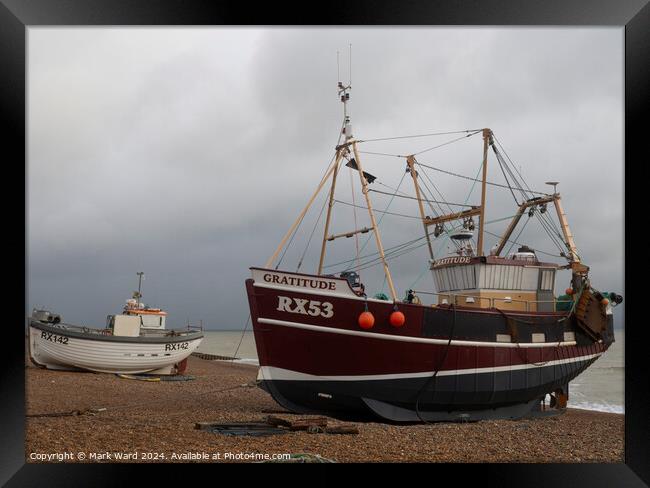 The Landing in Hastings. Framed Print by Mark Ward