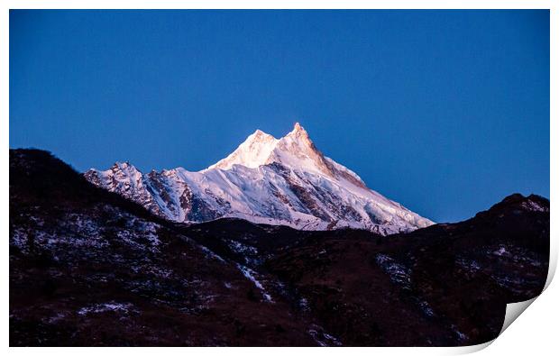 Landscape view of snow covered mountain Manaslu Print by Ambir Tolang