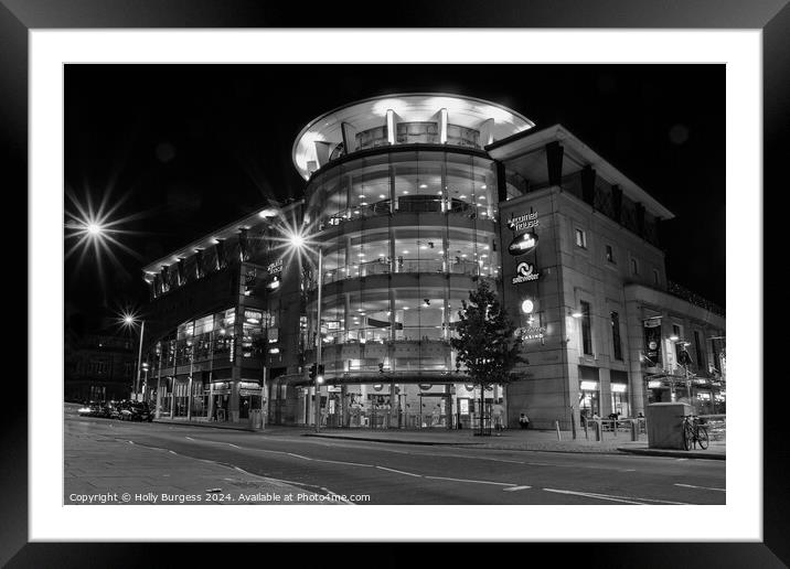 Corner House Nottingham Black and White at night  Framed Mounted Print by Holly Burgess