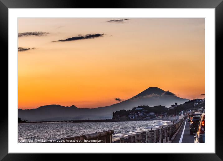 Sunset Cars Highway Mt Fuji Sagami Bay Kamakura Kanagawa Japan Framed Mounted Print by William Perry