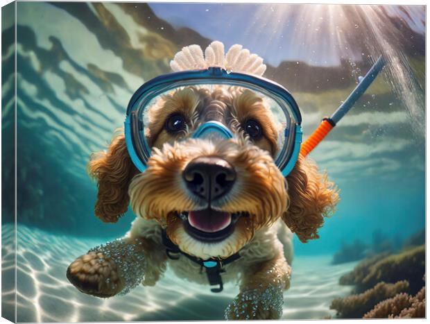Action Cockapoo Snorkeler Funny Dog Canvas Print by Artificial Adventures