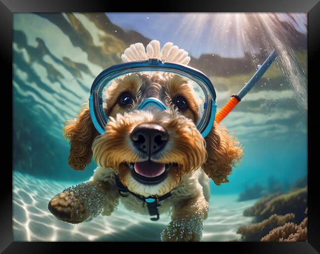 Action Cockapoo Snorkeler Funny Dog Framed Print by Artificial Adventures