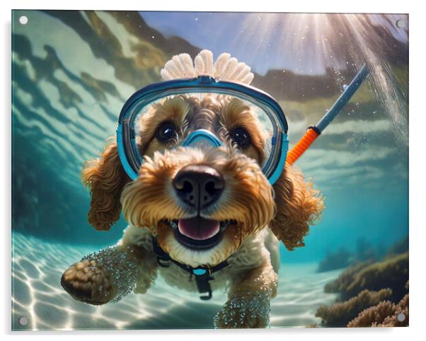 Action Cockapoo Snorkeler Funny Dog Acrylic by Artificial Adventures