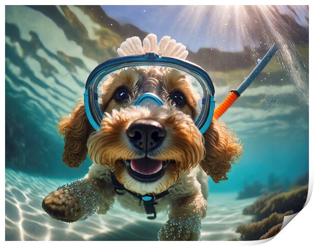 Action Cockapoo Snorkeler Funny Dog Print by Artificial Adventures