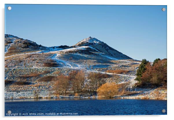 Dunsapie Loch with snow on Arthur's Seat in backgr Acrylic by Arch White