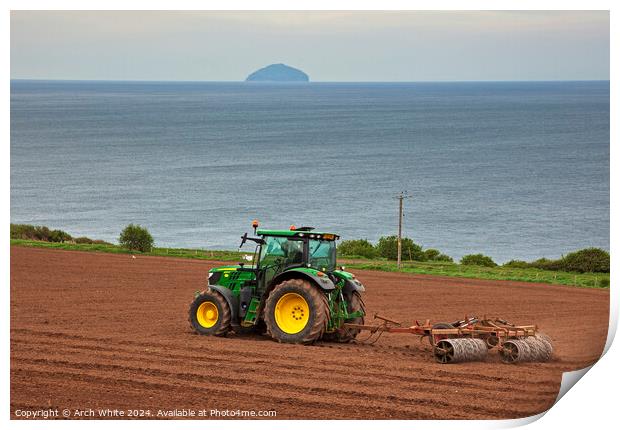 Tractor preparing field for crop planting, Ayrshir Print by Arch White