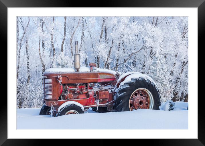 Old Tractor in the Snow Framed Mounted Print by Dave Reede