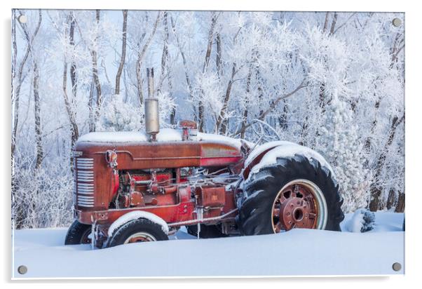 Old Tractor in the Snow Acrylic by Dave Reede