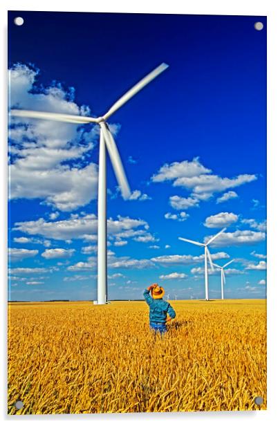 man in spring wheat field viewing wind turbines Acrylic by Dave Reede