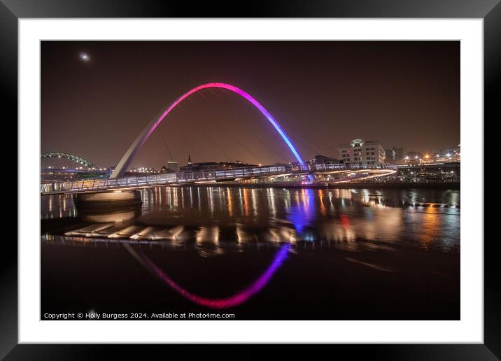 Millennium Bridge lit up at night Newcastle Quay side  Framed Mounted Print by Holly Burgess