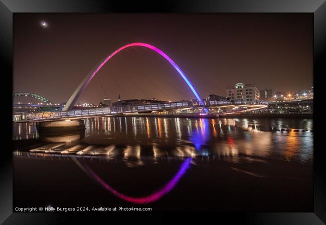 Millennium Bridge lit up at night Newcastle Quay side  Framed Print by Holly Burgess