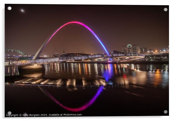 Millennium Bridge lit up at night Newcastle Quay side  Acrylic by Holly Burgess