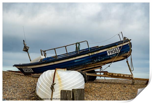 Wooden fishing boat, North Norfolk coast Print by Chris Yaxley