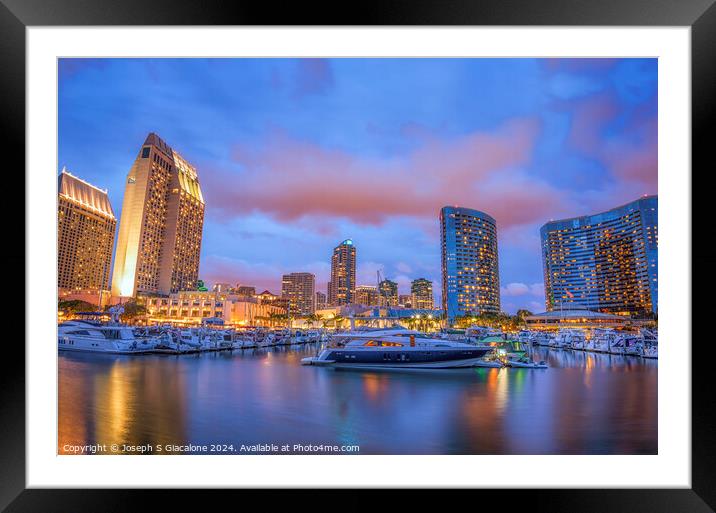 Harbor and Skyline At Night Framed Mounted Print by Joseph S Giacalone