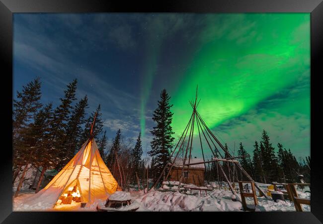 Aurora Borealis, Northern Lights, over aboriginal tent teepee at Yellowknife, Northwest Territories, Canada Framed Print by Chun Ju Wu