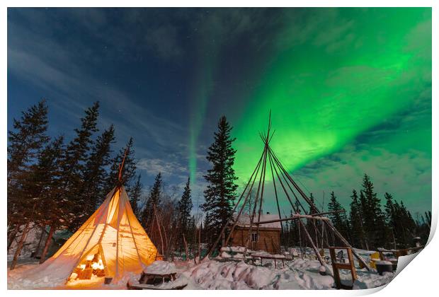 Aurora Borealis, Northern Lights, over aboriginal tent teepee at Yellowknife, Northwest Territories, Canada Print by Chun Ju Wu