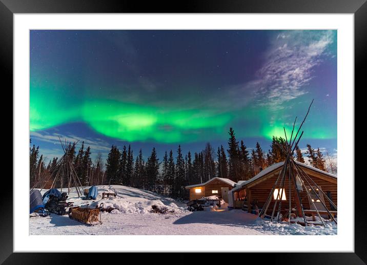 Aurora Borealis, Northern Lights, over aboriginal wooden cabin at Yellowknife, Northwest Territories, Canada Framed Mounted Print by Chun Ju Wu