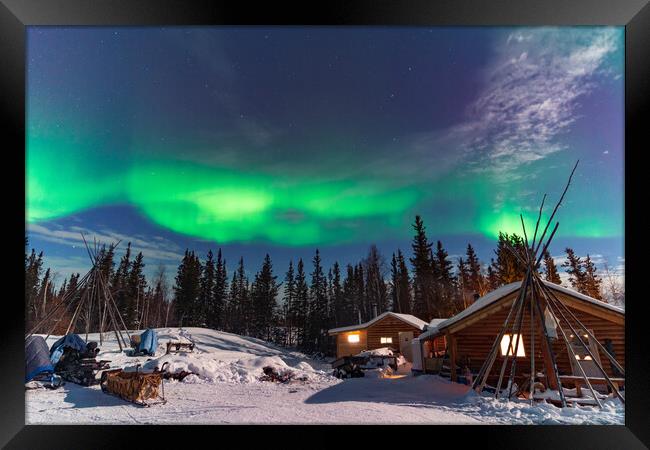 Aurora Borealis, Northern Lights, over aboriginal wooden cabin at Yellowknife, Northwest Territories, Canada Framed Print by Chun Ju Wu