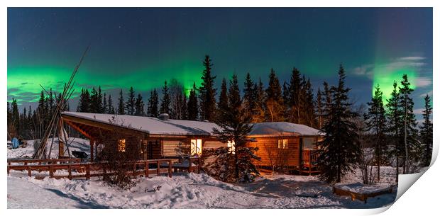 Panorama of Aurora Borealis, Northern Lights, over aboriginal wooden cabin at Yellowknife, Northwest Territories, Canada Print by Chun Ju Wu