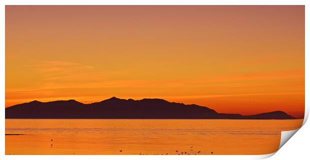 Arran mountains silhouetted at sunset Print by Allan Durward Photography