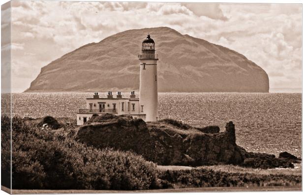 Turnberry lighthouse and Ailsa Craig b/w Canvas Print by Allan Durward Photography