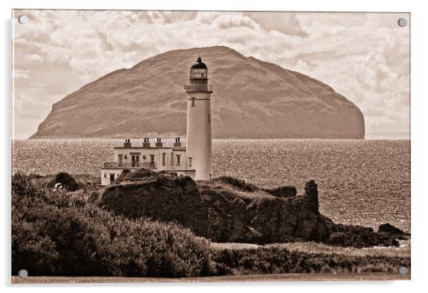 Turnberry lighthouse and Ailsa Craig b/w Acrylic by Allan Durward Photography