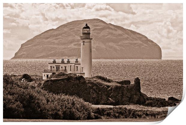 Turnberry lighthouse and Ailsa Craig b/w Print by Allan Durward Photography