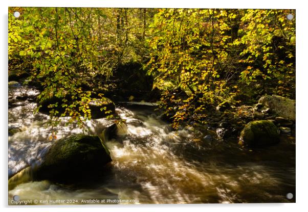 Dappled Sunlit Autumn Leaves and Rushing River Acrylic by Ken Hunter