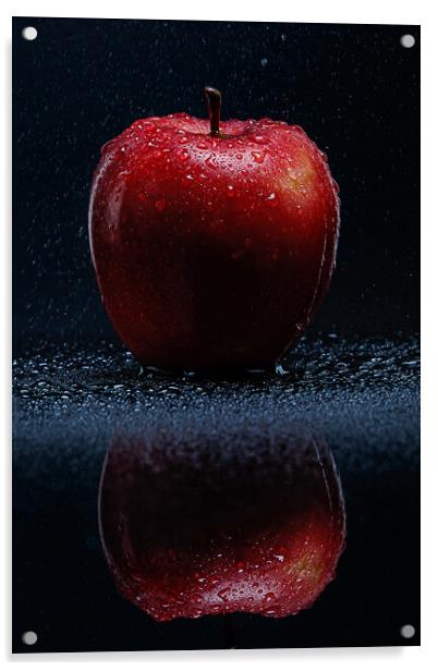 Red apple with water drops Acrylic by Olga Peddi