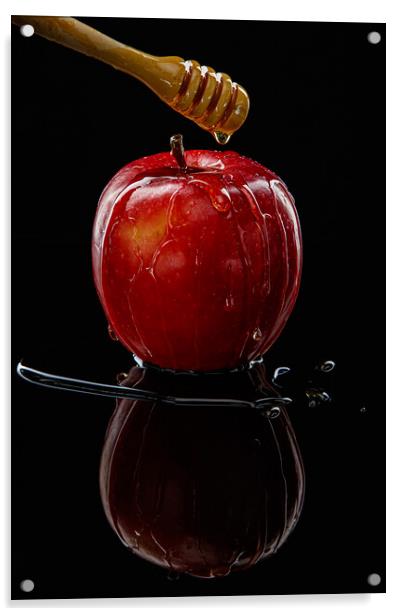 Red apple with honey on black Acrylic by Olga Peddi