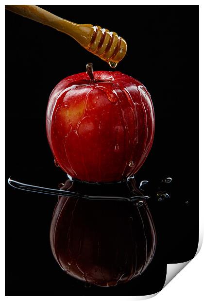 Red apple with honey on black Print by Olga Peddi